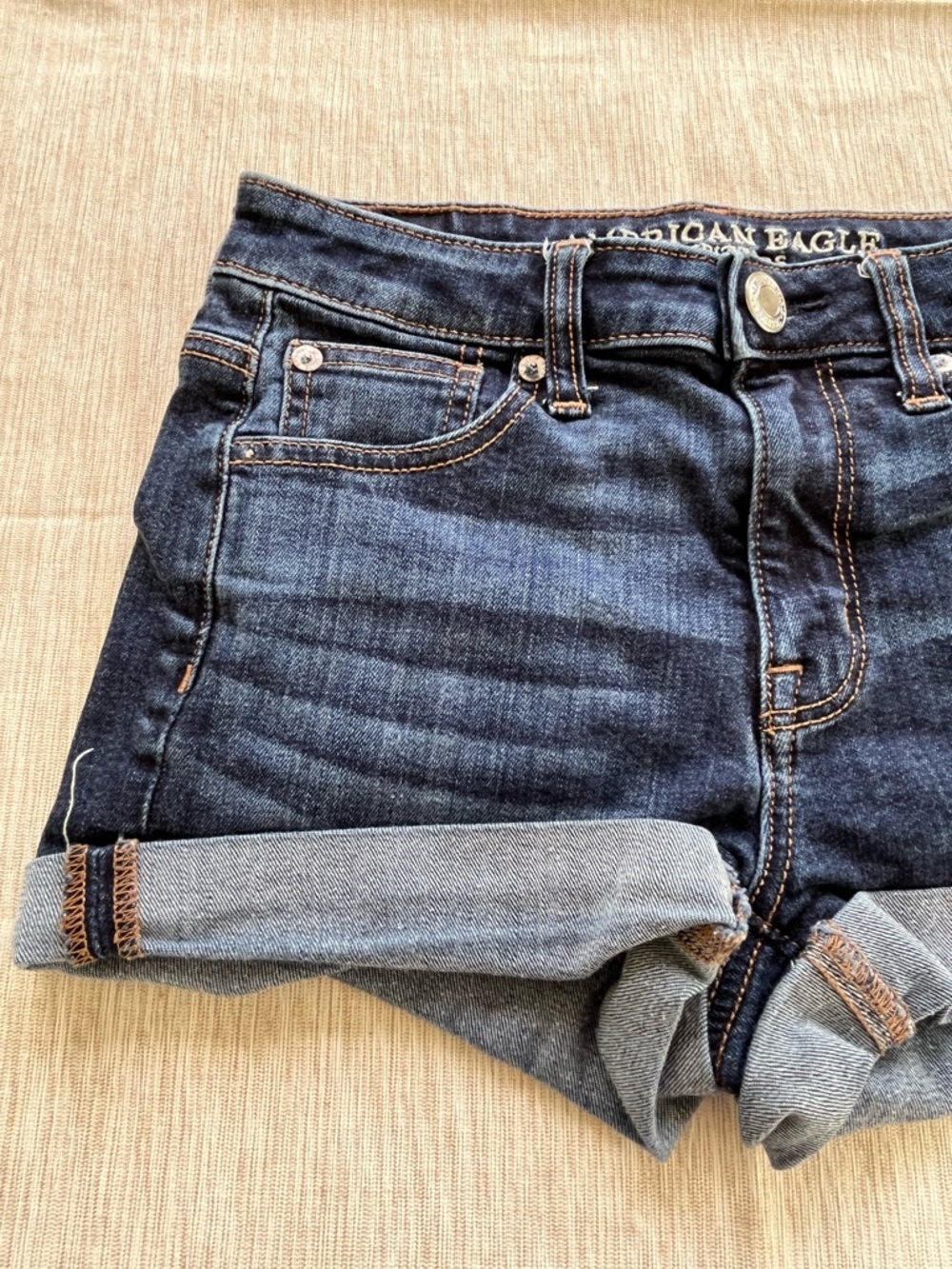 American Eagle Outfitters Dark Blue Rolled-Hem High Rise Shortie Denim Shorts 0 - Picture 3 of 10